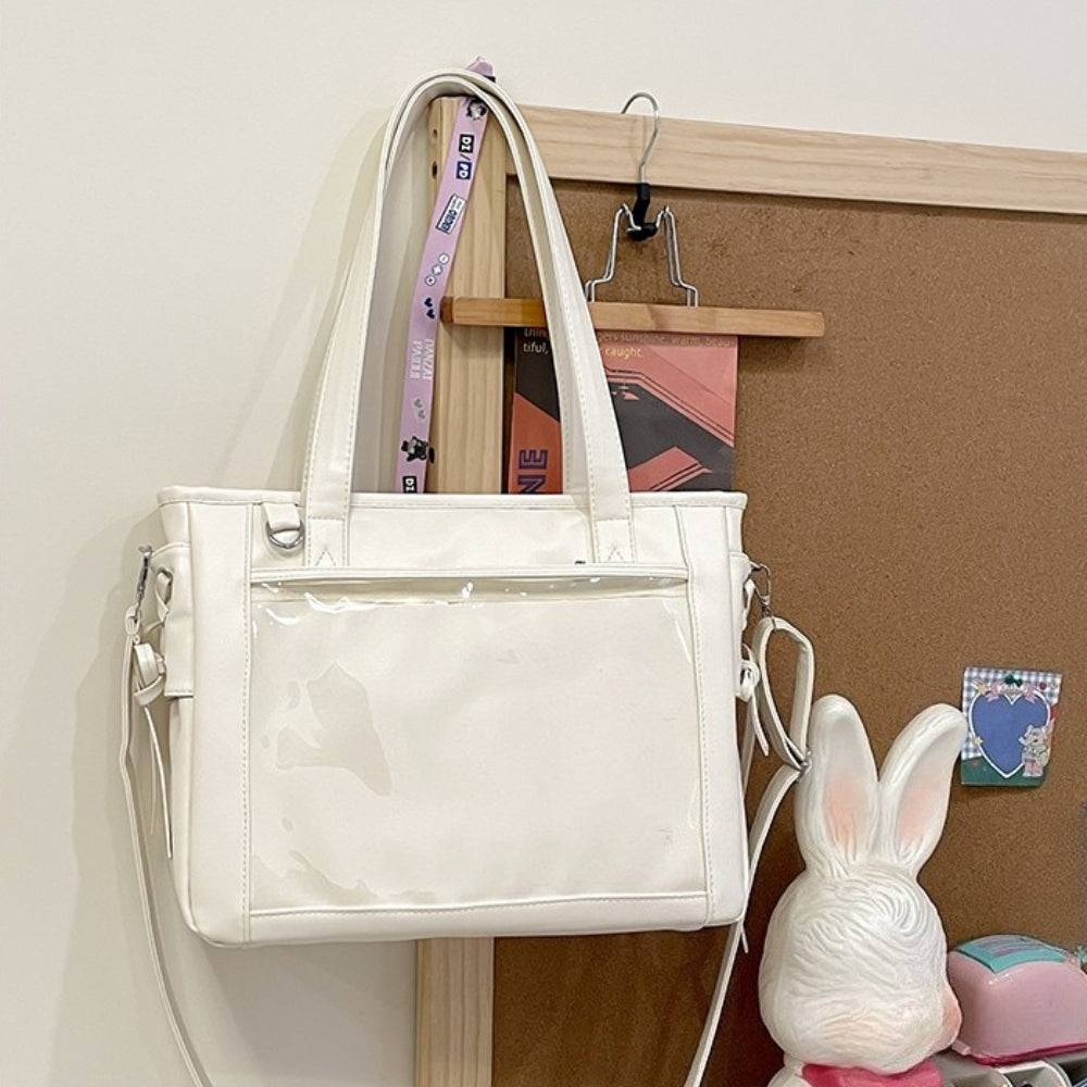 Large Lace-Up Ita Bag — PU Leather Clear Display Tote & Crossbody for Anime Pins & Photocards