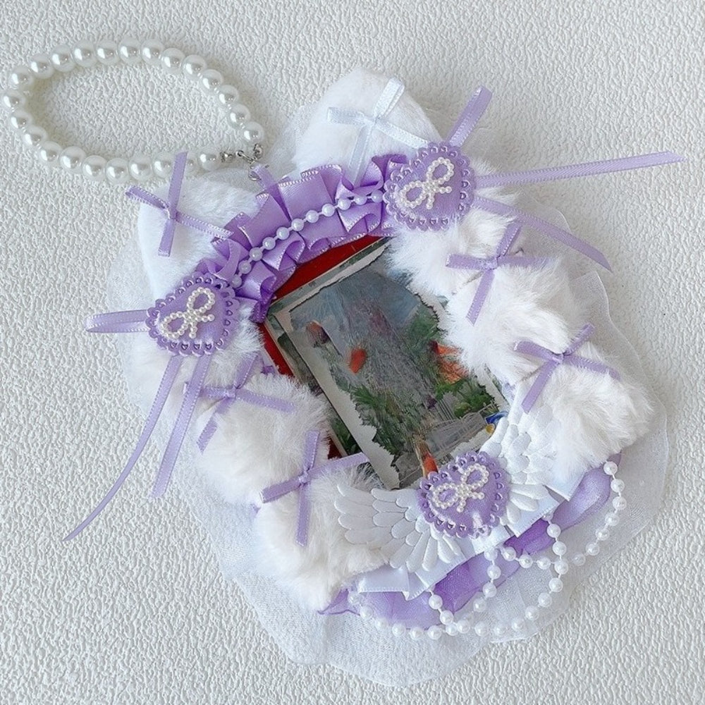 Kawaii Faux Fur Lace Pearl Ita Bag Necklace | Acrylic Card Display Badge Holder Charm
