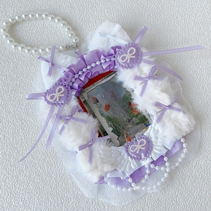 Kawaii Faux Fur Lace Pearl Ita Bag Necklace | Acrylic Card Display Badge Holder Charm