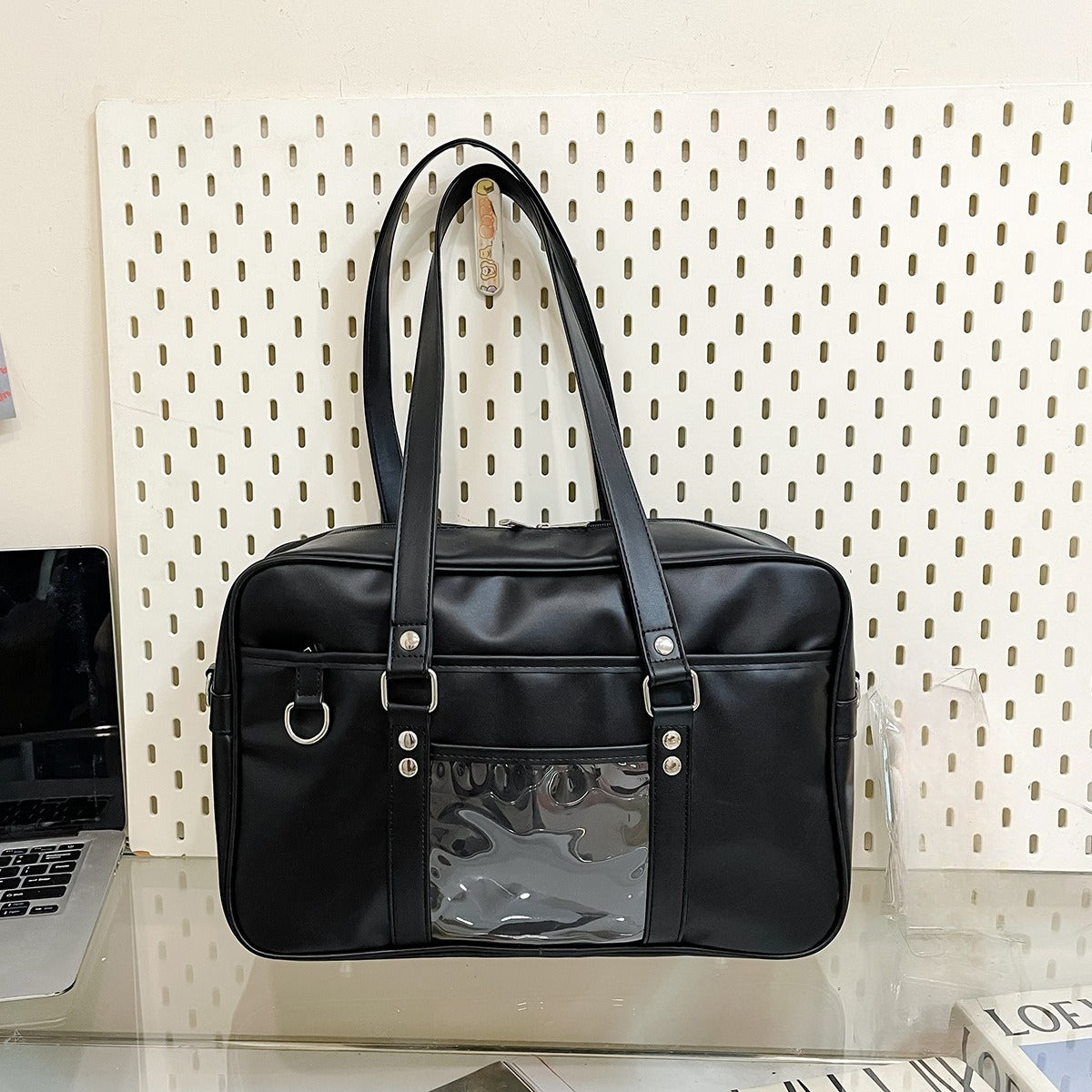 JK Style Large Ita Bag — PU Leather Boston Tote with Clear Display Window for Anime Pins & Merch