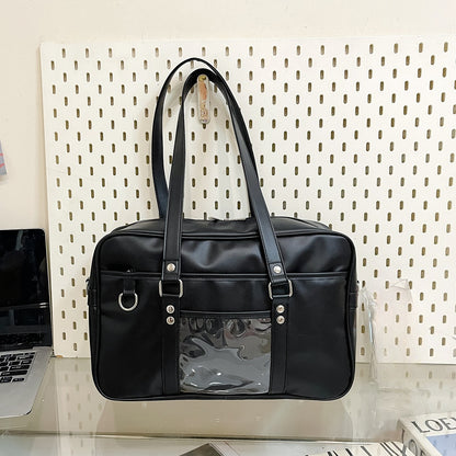 JK Style Large Ita Bag — PU Leather Boston Tote with Clear Display Window for Anime Pins & Merch