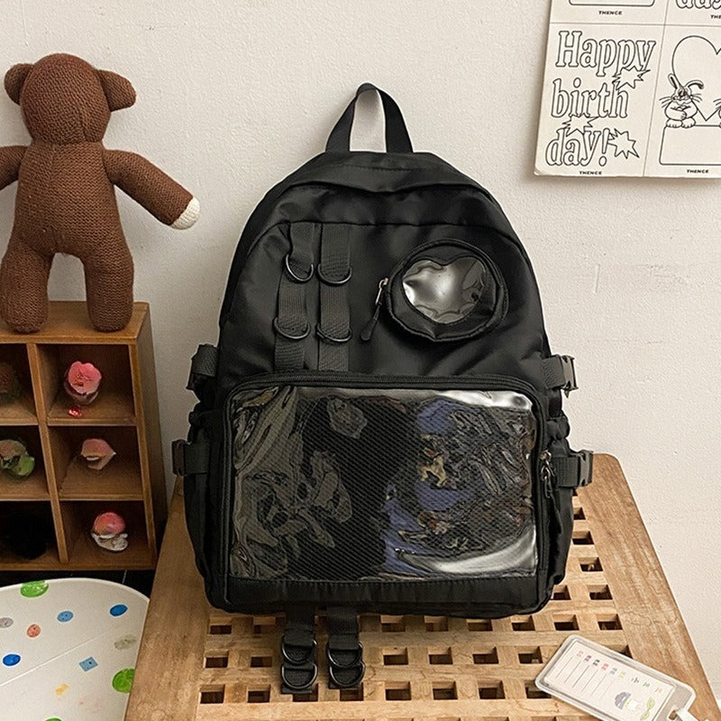 Kawaii Ita Bag Backpack with Heart Window — Nylon School Bag with Mesh Display for Pins & Plushies