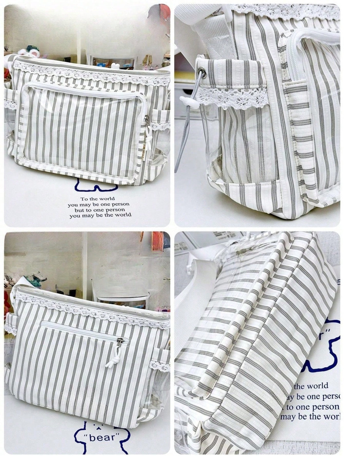 Grey stripe itabag detail shots — lace trim, pockets, construction