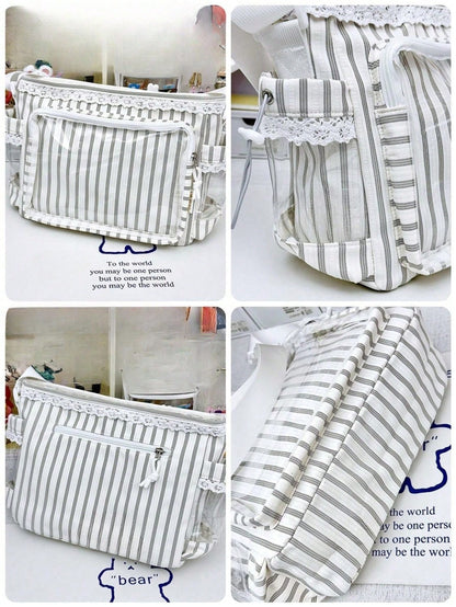 Grey stripe itabag detail shots — lace trim, pockets, construction