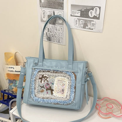 Large Lace-Up Ita Bag — PU Leather Clear Display Tote & Crossbody for Anime Pins & Photocards