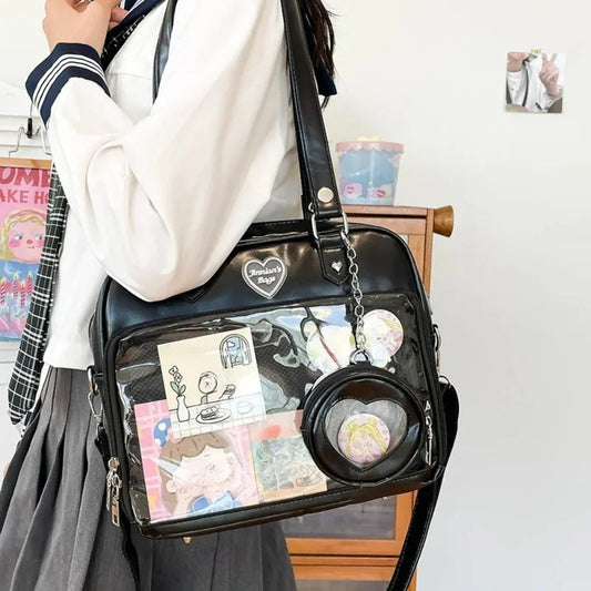 PU Leather Japanese JK Uniform Shoulder Bag Clear Transparent Windows Itabag Tote With Small Round Bag - Ita Bag Lover