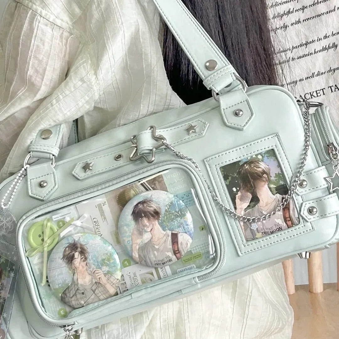 Star Chain Ita Bag full view with anime pins and plushies