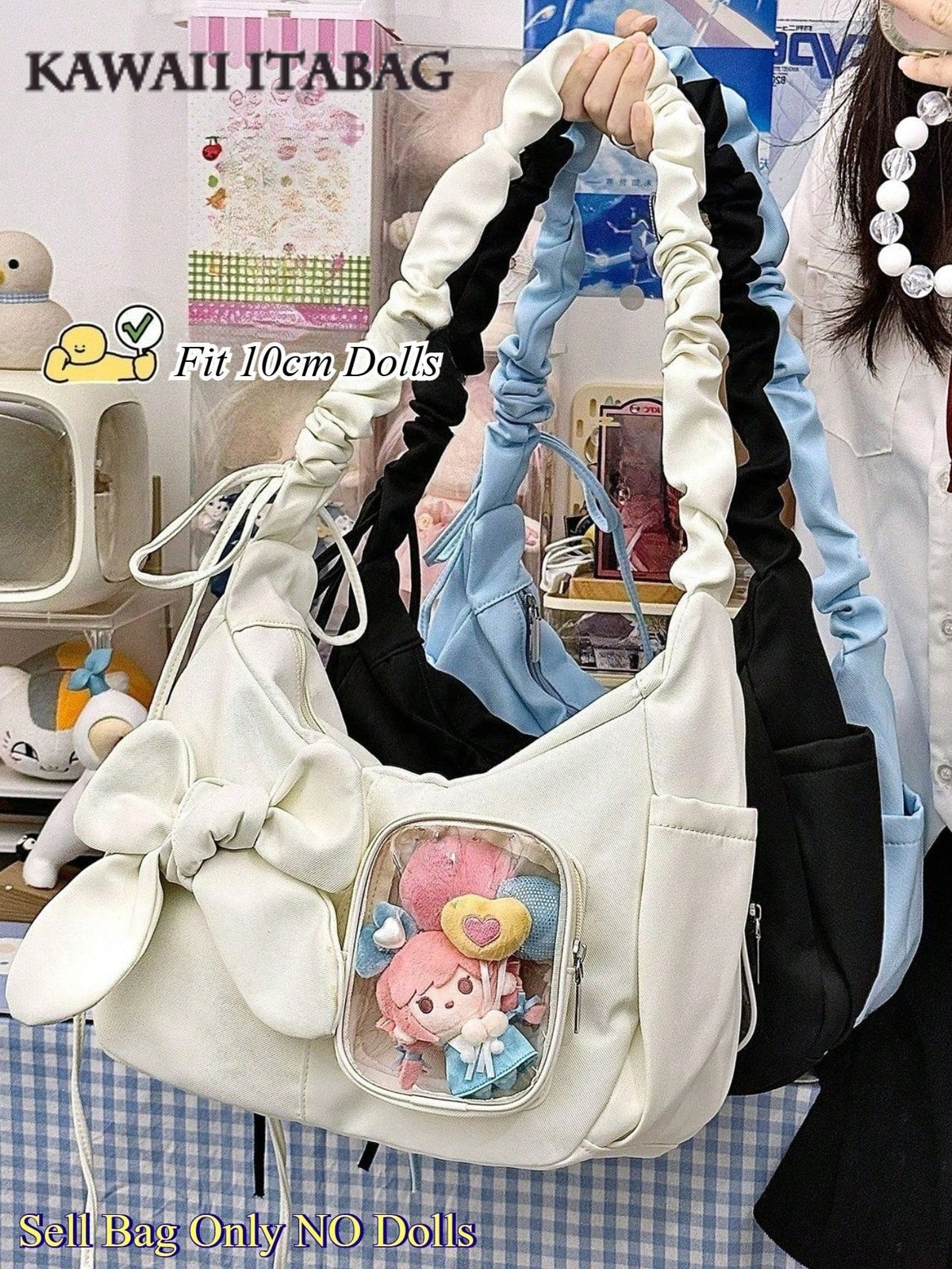 White bow ita shoulder bag with 10cm doll in clear window