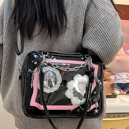 black patent ita bag pink inner frame silver chain crossbody satchel with anime pins and plushie display