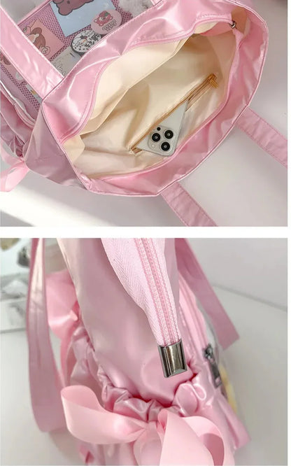 Lolita Glossy Surface Ita Bag Ribbon Bows Big Shoulder Handbags With Display Plate - Ita Bag Lover
