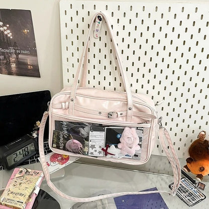 Large Metallic Ita Bag Tote — Full Clear Window Display for Anime Pins & Convention Merch