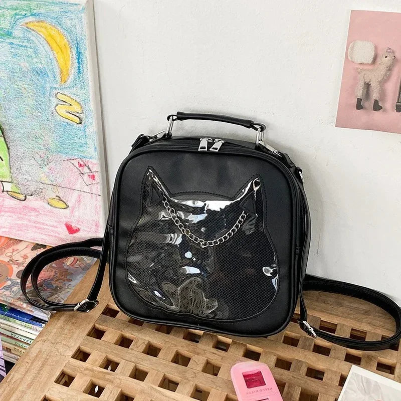 3Ways Japanese Kawaii Itabag Women PU Leather Transparent Backpack Cat Shaped Handbags - Ita Bag Lover