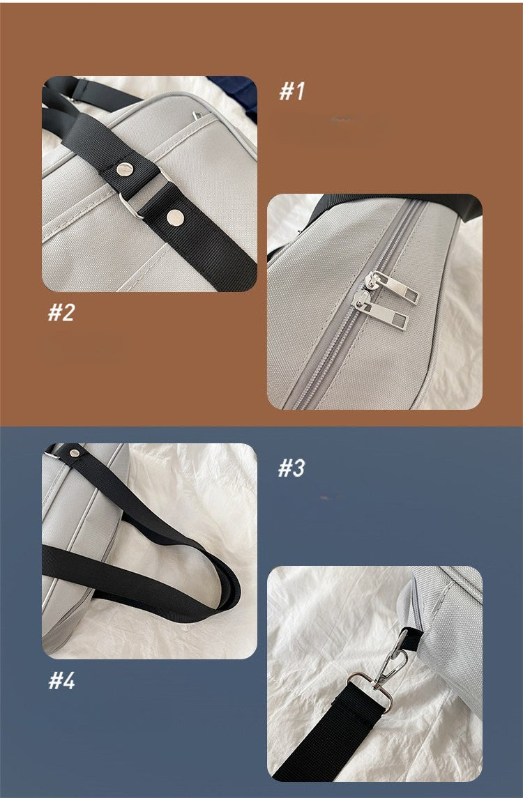 jk school bag hardware detail showing silver rivets zipper pull d-ring and metal swivel strap hook