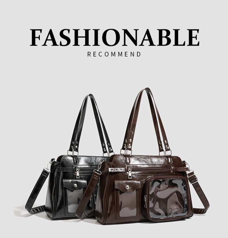vintage PU leather ita bag black and dark brown colourway comparison with dual clear display windows