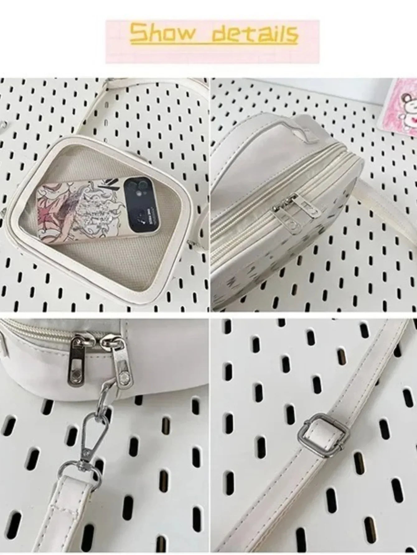 holographic ita bag detail shots mesh display window dual zip side view strap hardware ivory