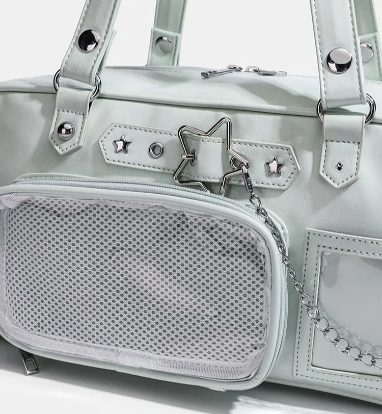 star chain ita bag detachable mesh display pouch close-up with star clasp chain and photocard slot detail