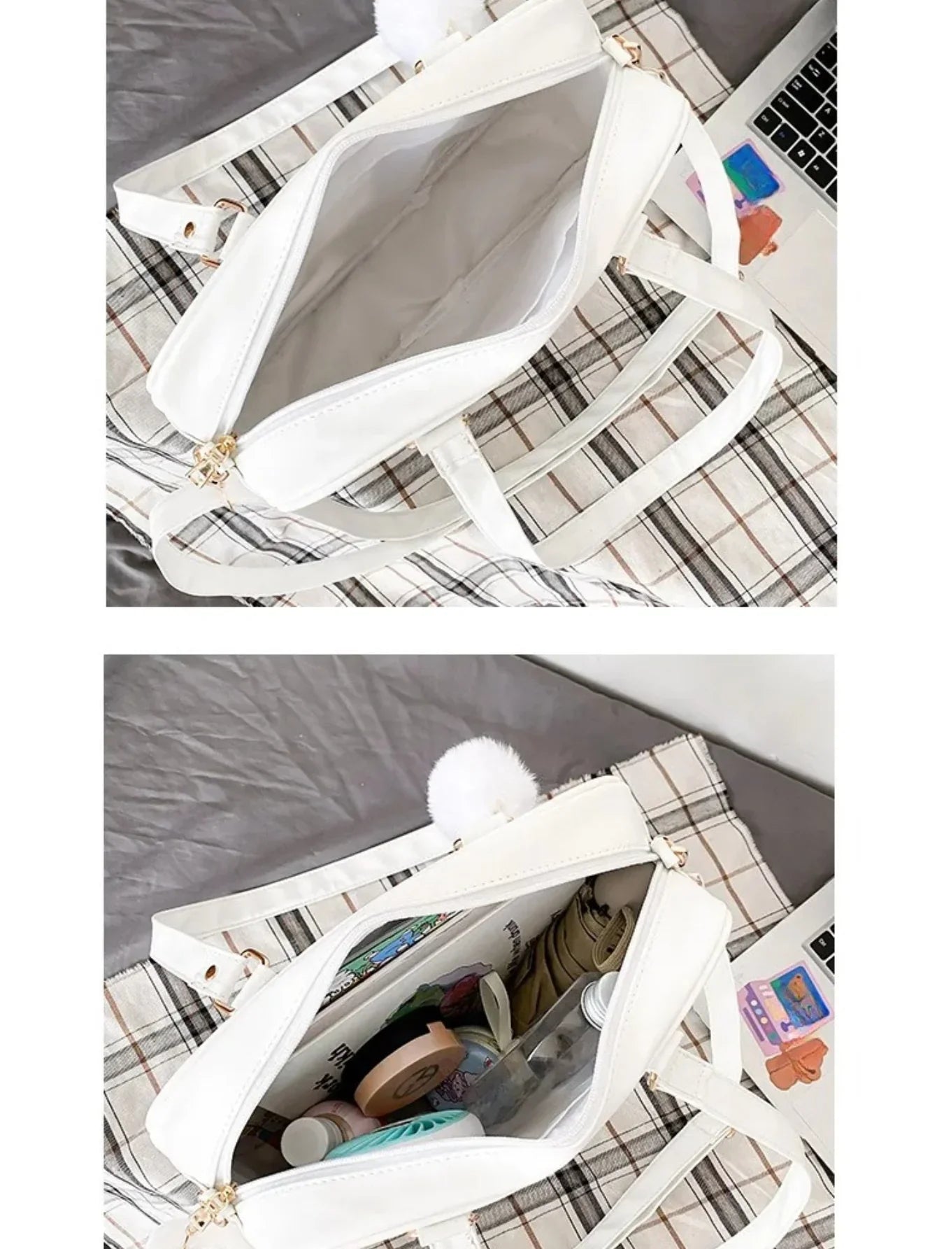 kawaii ita bag white interior top zip open with umbrella books fan and makeup showing large capacity
