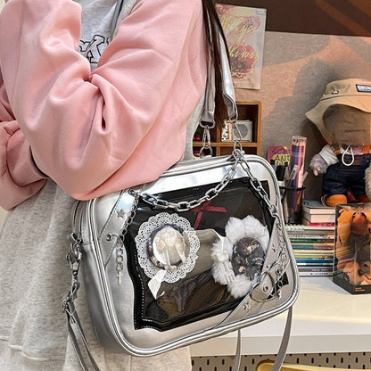 silver metallic gothic ita bag clear display window chain crossbody satchel with photocards and plushie