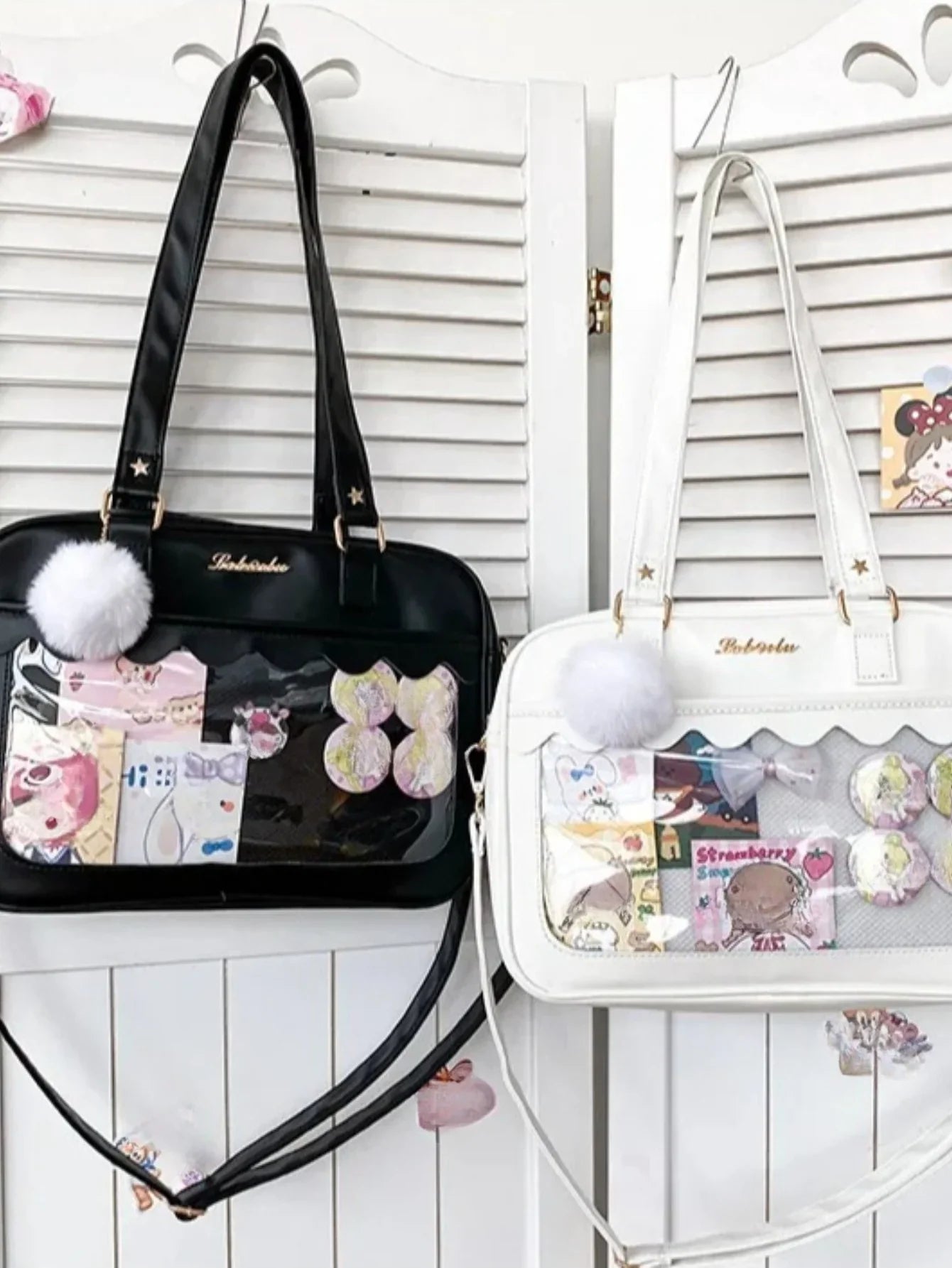 kawaii ita bag black and white scallop edge clear display window with pom pom charm comparison