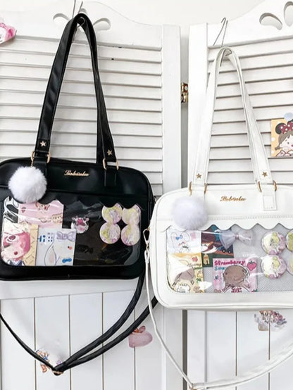 kawaii ita bag black and white scallop edge clear display window with pom pom charm comparison