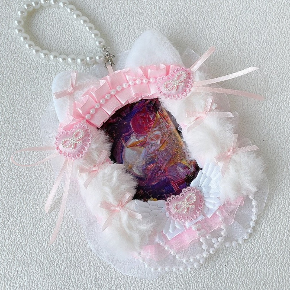 Pink lace faux fur ita necklace with pearl chain displaying anime card