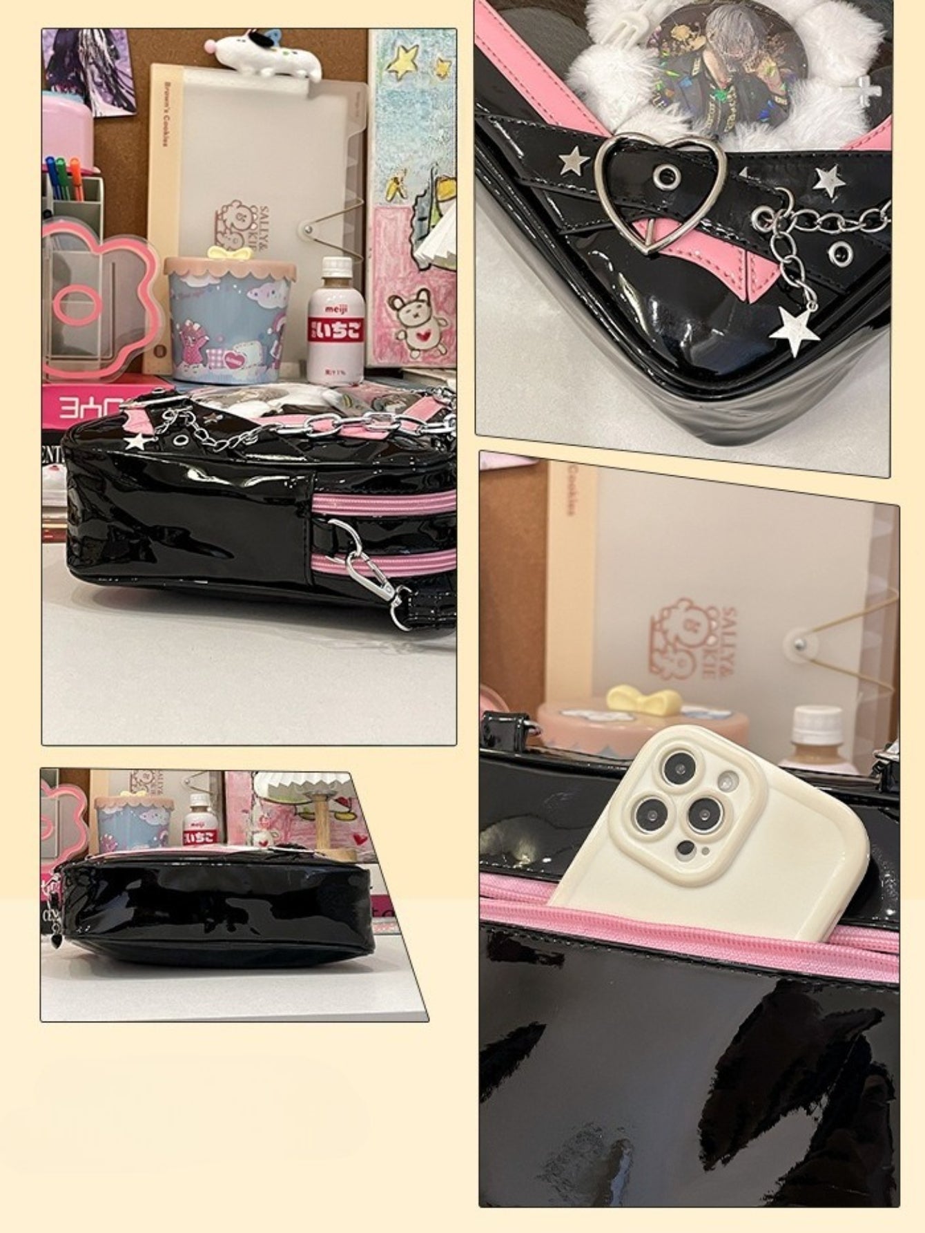 ita bag heart ring star rivets gothic hardware detail with phone fitting inside black patent crossbody