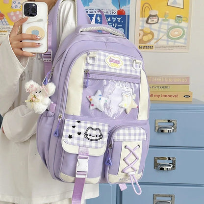  Lavender Miusi kawaii ita backpack with gingham pockets close-up
