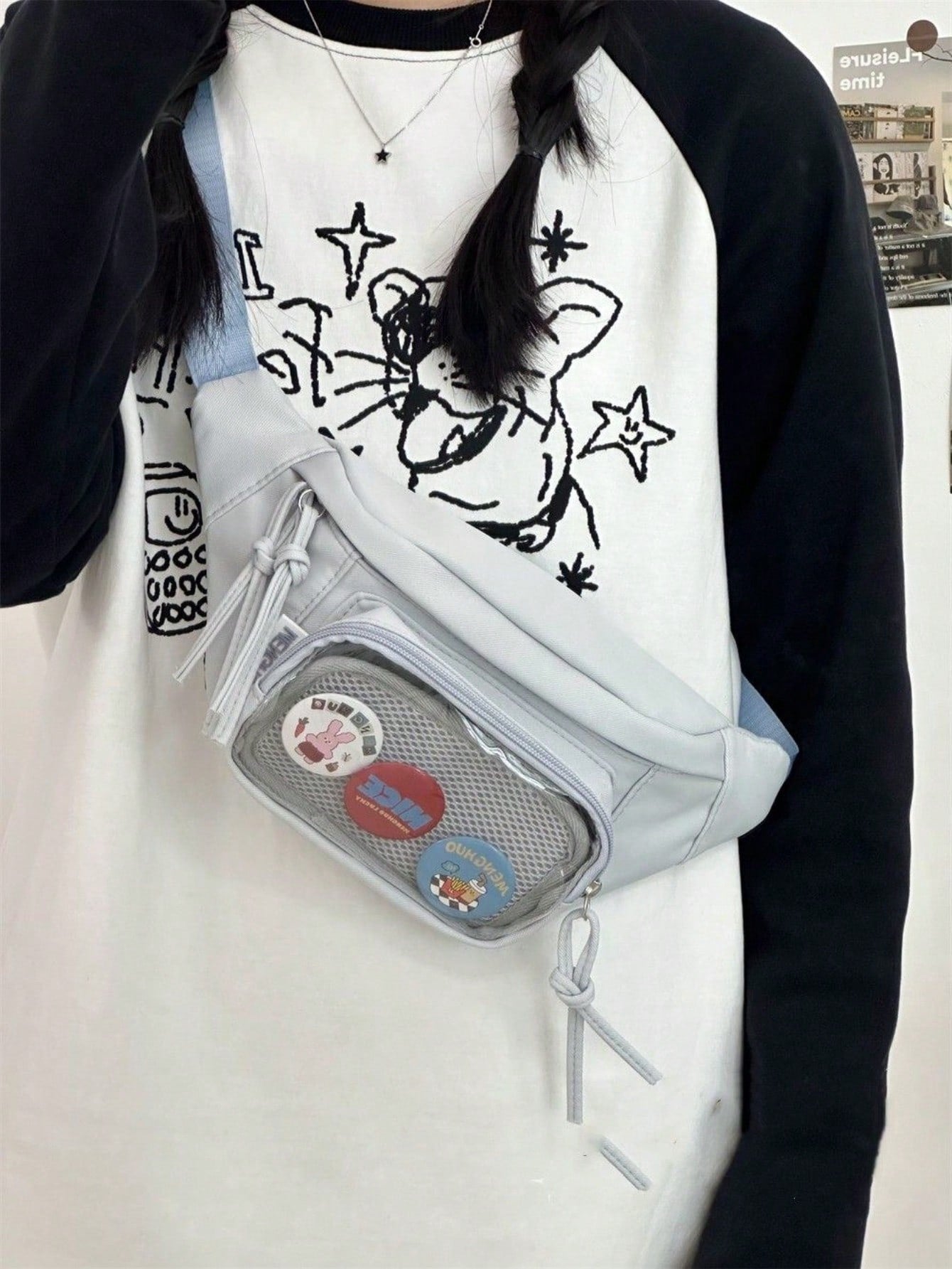 Preppy Style Chest Bag Women Kawaii Japanese Harajuku Waist Bag Nylon Crossbody Bags Clear Transparent Bag Sling Bag Purses And Handbags With Badges Display Plate Anime Fans Pack New Back Pack Fashion Cross Body DIY Bag New Chest Bag Women
