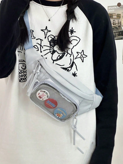 Preppy Style Chest Bag Women Kawaii Japanese Harajuku Waist Bag Nylon Crossbody Bags Clear Transparent Bag Sling Bag Purses And Handbags With Badges Display Plate Anime Fans Pack New Back Pack Fashion Cross Body DIY Bag New Chest Bag Women