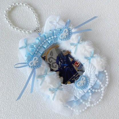 Blue lace faux fur ita necklace with pearl chain and bow appliqués