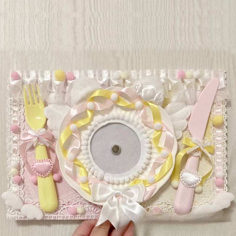 Pastel yellow and pink kawaii decorative placemat insert with ribbon cutlery