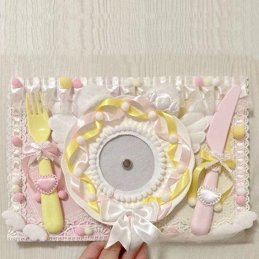 Pastel yellow and pink kawaii decorative placemat insert with ribbon cutlery