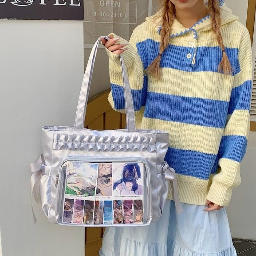 lolita satin ita bag tote silver ruffle bow with clear window displaying photocards shoulder carry