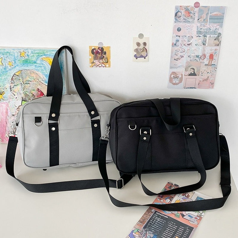 grey and black oxford jk school bag two color comparison with adjustable crossbody strap