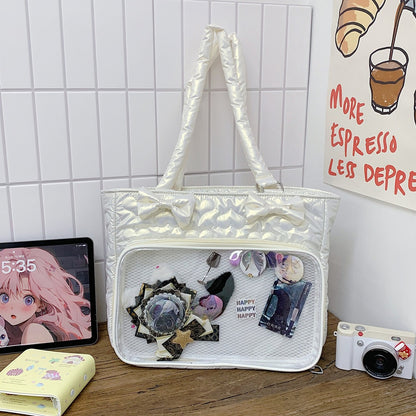 Quilted Puffy Ita Tote Bag with Transparent Mesh Display Window for Badges and Acrylic Stands