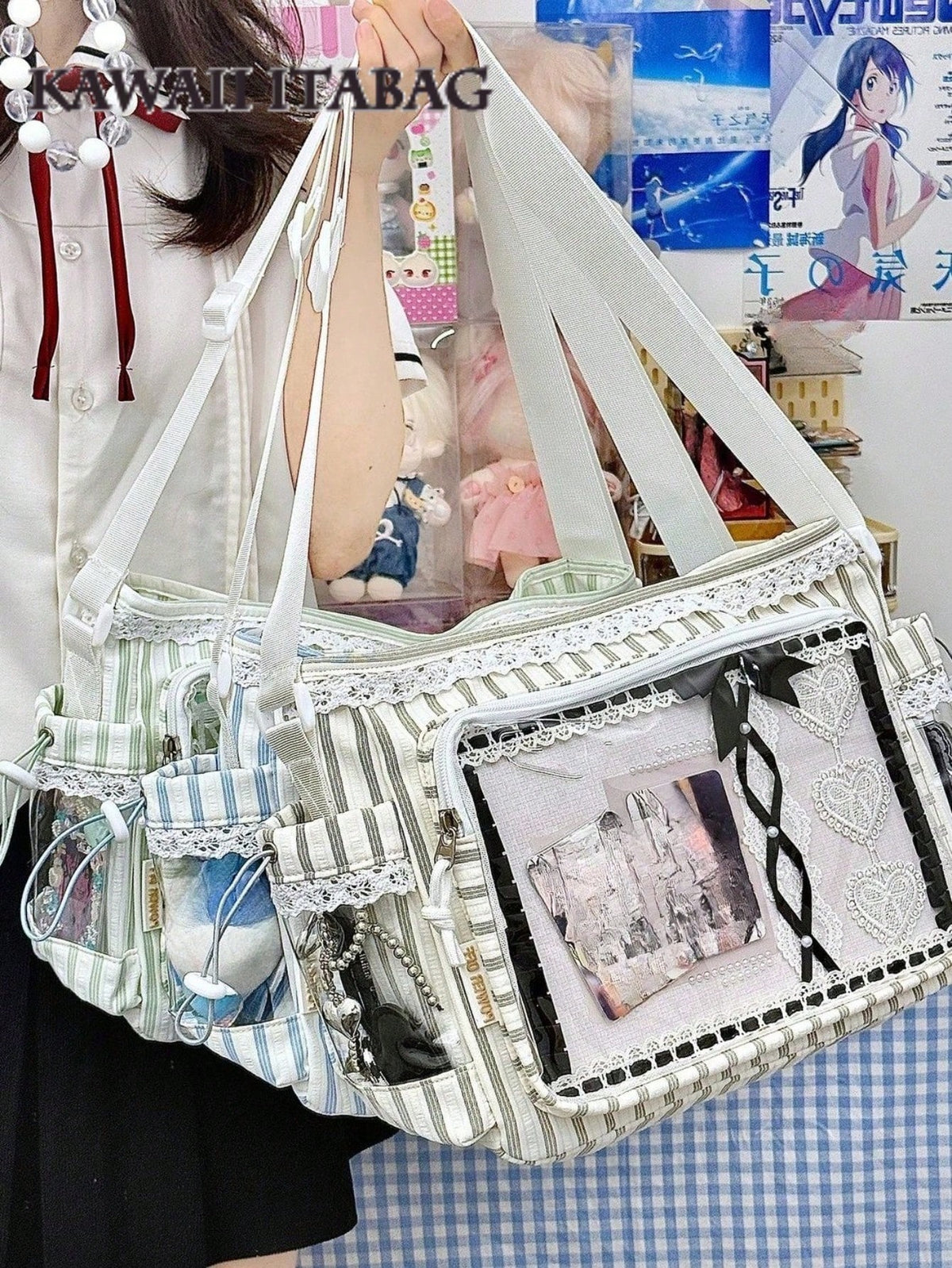 Decorated green stripe itabag with lace window and plushies inside
