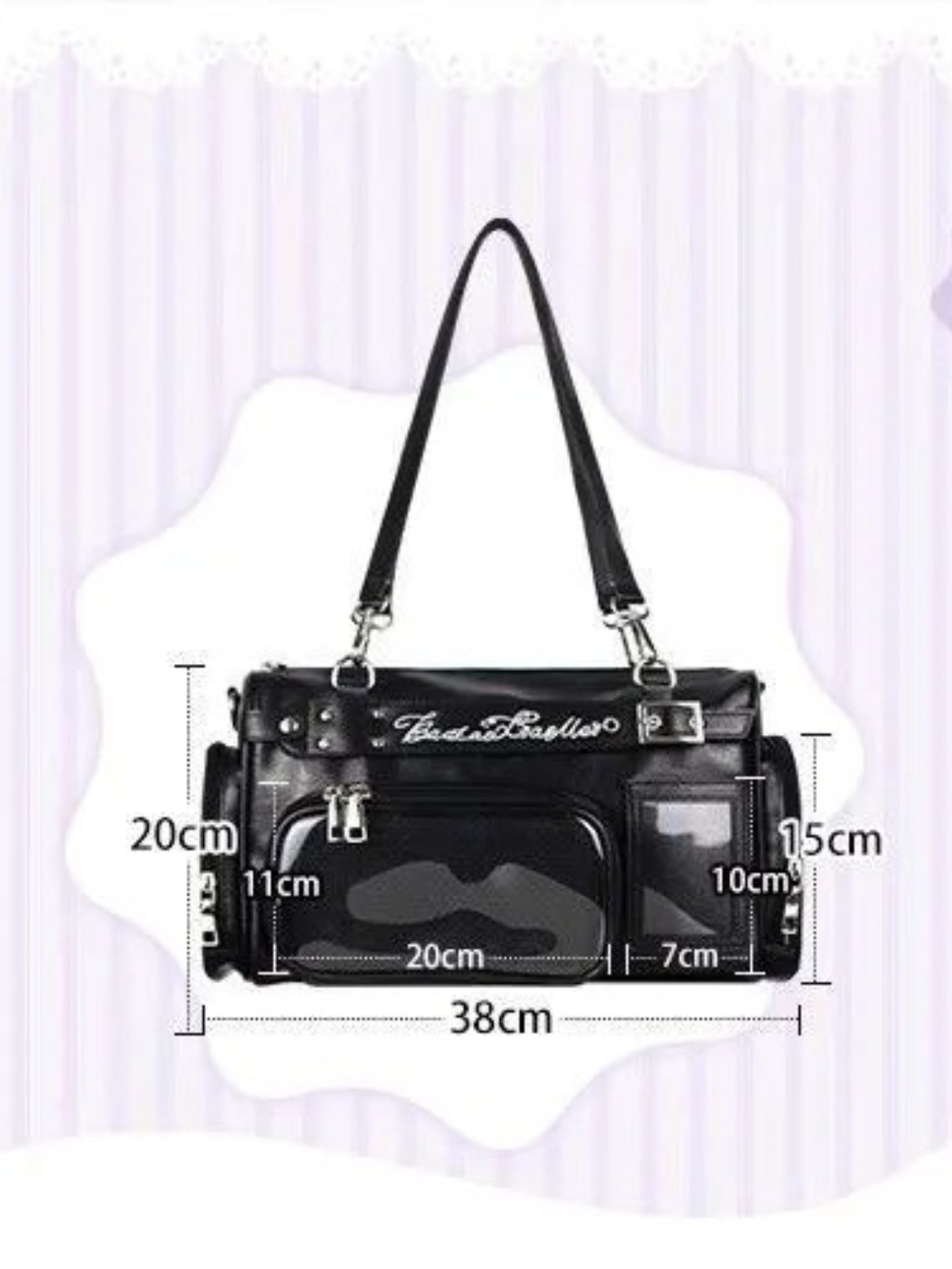 Black Boston bag dimensions diagram showing 38cm width