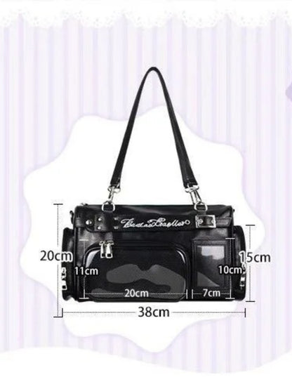 Black Boston bag dimensions diagram showing 38cm width