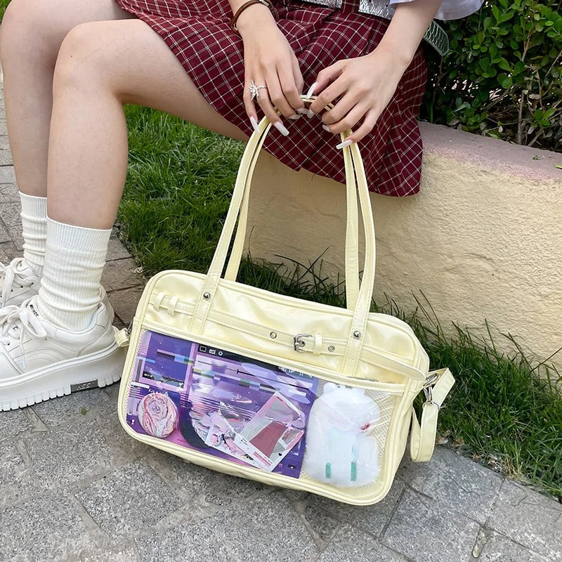 Large Metallic Ita Bag Tote — Full Clear Window Display for Anime Pins & Convention Merch