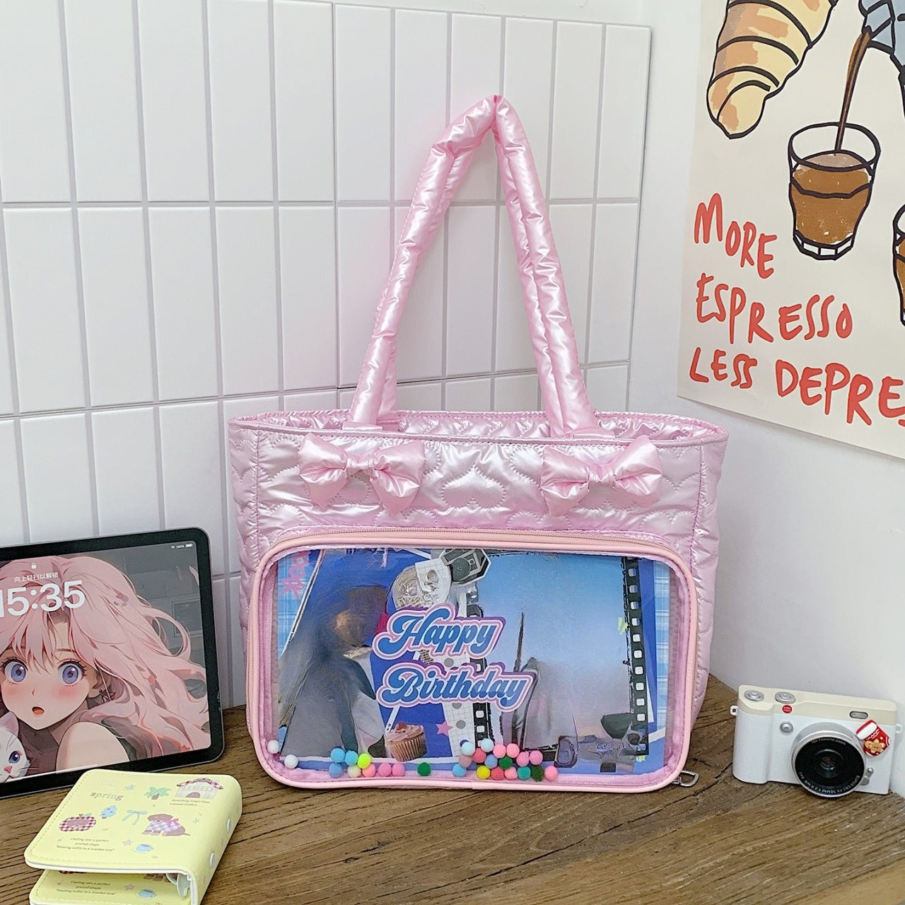 Pink quilted ita tote bag with mesh display window