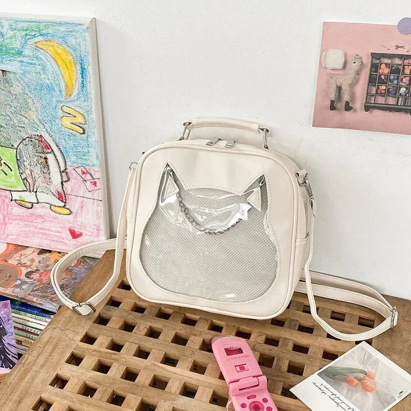 3Ways Japanese Kawaii Itabag Women PU Leather Transparent Backpack Cat Shaped Handbags - Ita Bag Lover