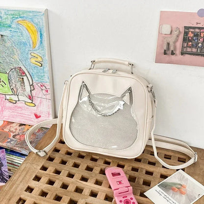 3Ways Japanese Kawaii Itabag Women PU Leather Transparent Backpack Cat Shaped Handbags - Ita Bag Lover