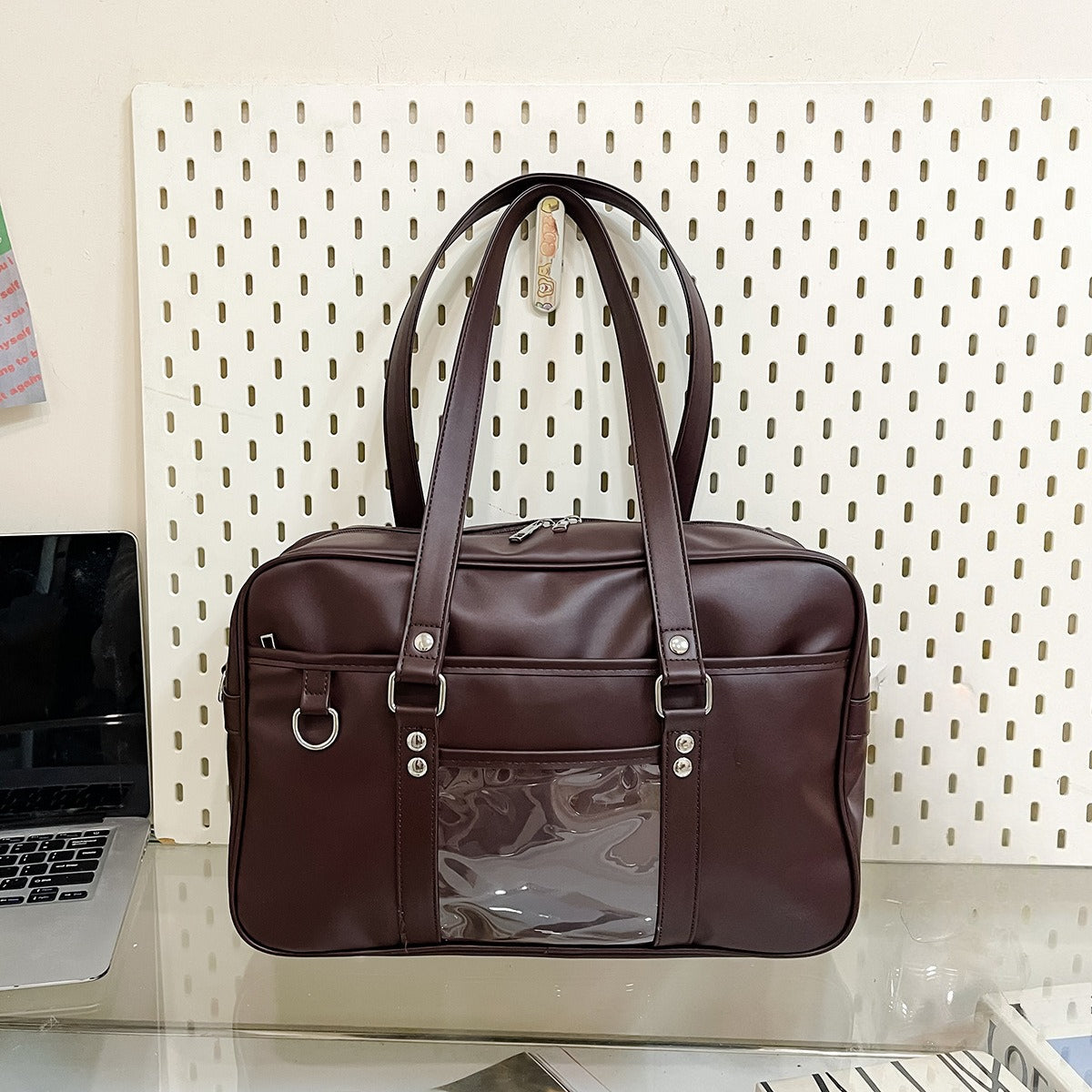 JK Style Large Ita Bag — PU Leather Boston Tote with Clear Display Window for Anime Pins & Merch