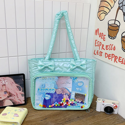 Quilted Puffy Ita Tote Bag with Transparent Mesh Display Window for Badges and Acrylic Stands