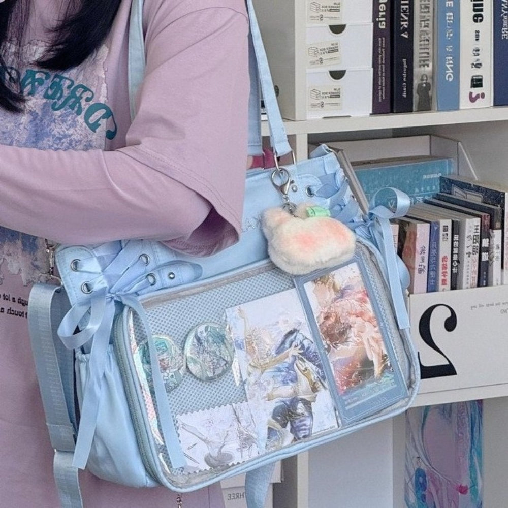 Lace-Up Ita Bag — Large Clear Display Tote & Crossbody for Anime Pins & Photocards